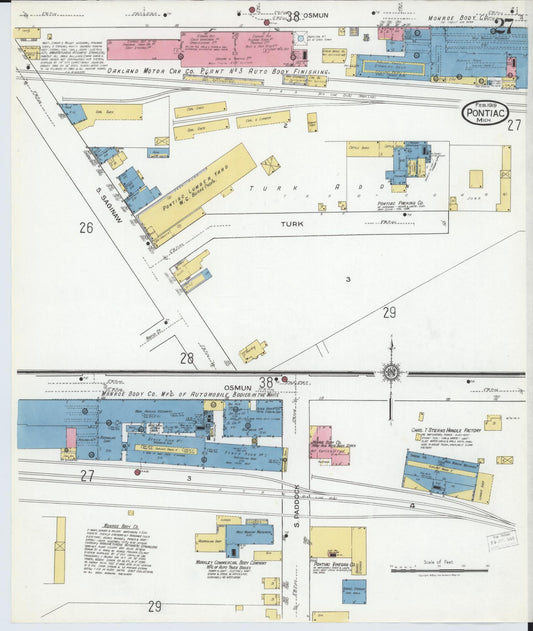 Sanborn Fire Insurance Map from Pontiac, Oakland County, Michigan (1919), Sheet #0027 - Historic Sanborn Fire Insurance Map Print, vintage old map wall art, antique decor, genealogy gift, Michigan Michigan map
