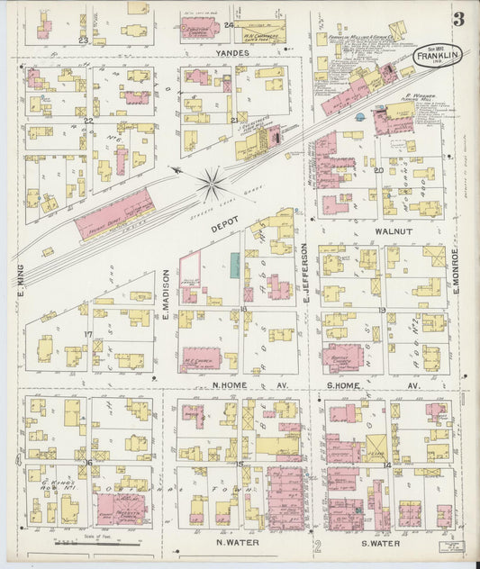 Sanborn Fire Insurance Map from Franklin, Johnson County, Indiana (1892), Sheet #0003 - Historic Sanborn Fire Insurance Map Print, vintage old map wall art, antique decor, genealogy gift, Indiana Indiana map