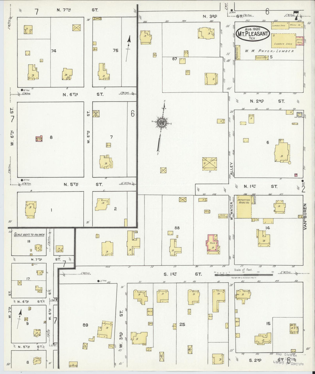 Sanborn Fire Insurance Map from Mount Pleasant, Titus County, Texas (1920), Sheet #0007 - Complete Map Set gallery image, historic Sanborn map, vintage wall art, Texas Texas
