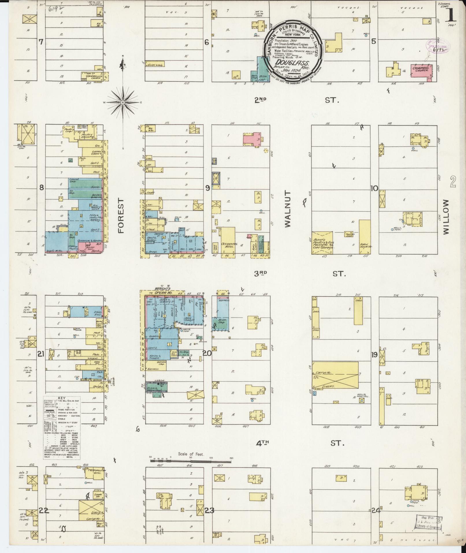 Sanborn Fire Insurance Map from Douglass, Butler County, Kansas (1894), Sheet #0001 - Historic Sanborn Fire Insurance Map Print, vintage old map wall art, antique decor, genealogy gift, Kansas Kansas map