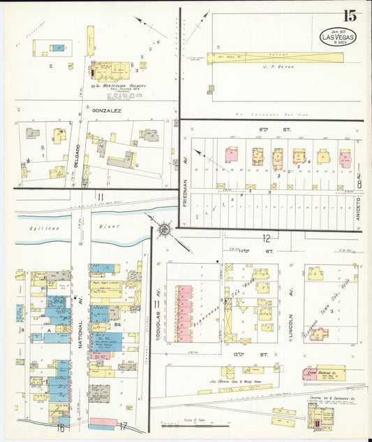 Sanborn Fire Insurance Map from Las Vegas, San Miguel County, New Mexico (1913), Sheet #0015 - Historic Sanborn Fire Insurance Map Print, vintage old map wall art, antique decor, genealogy gift, New Mexico New Mexico map