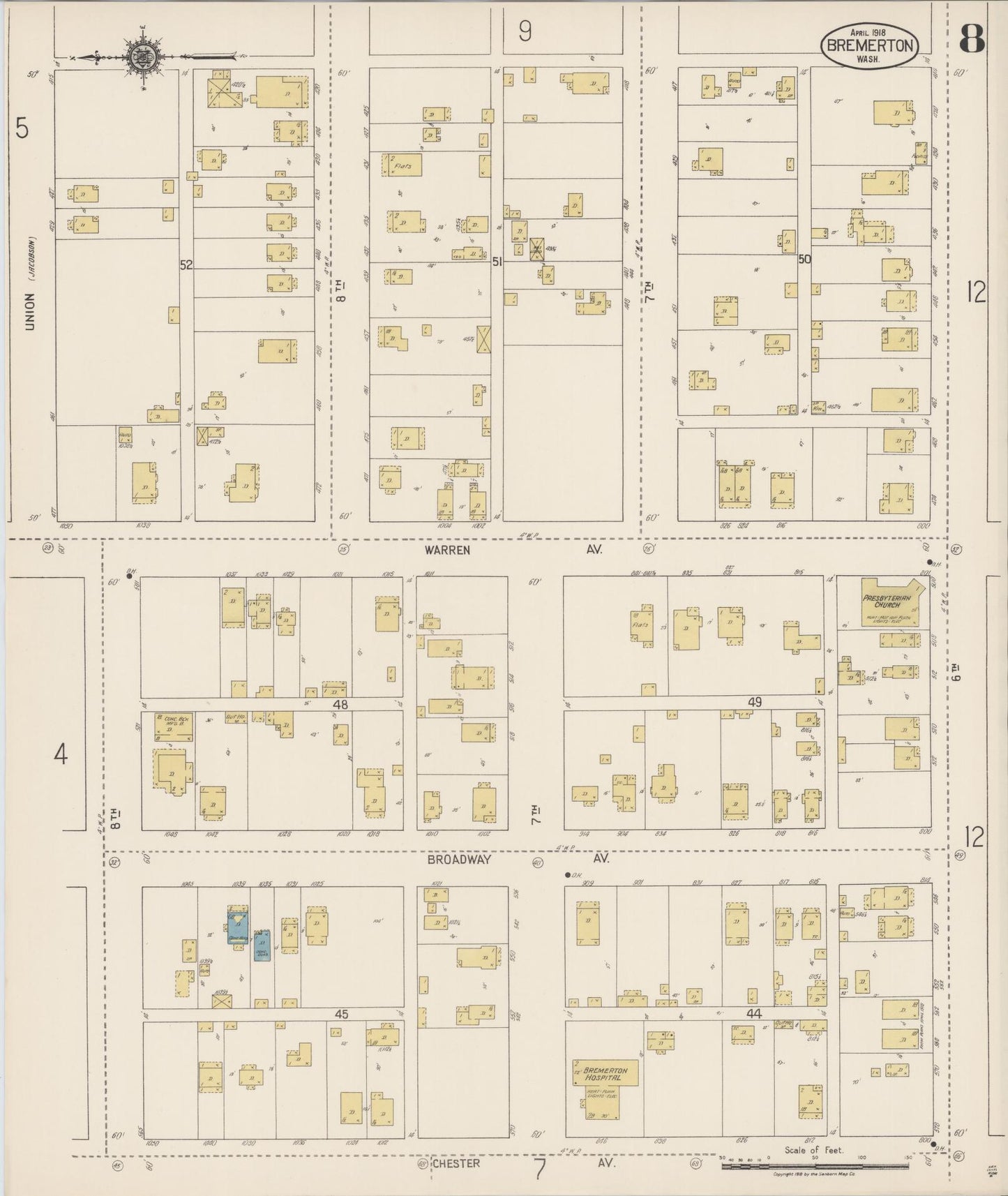 Sanborn Fire Insurance Map from Bremerton, Kitsap County, Washington (1918), Sheet #0008 - Complete Map Set gallery image, historic Sanborn map, vintage wall art, Washington Washington