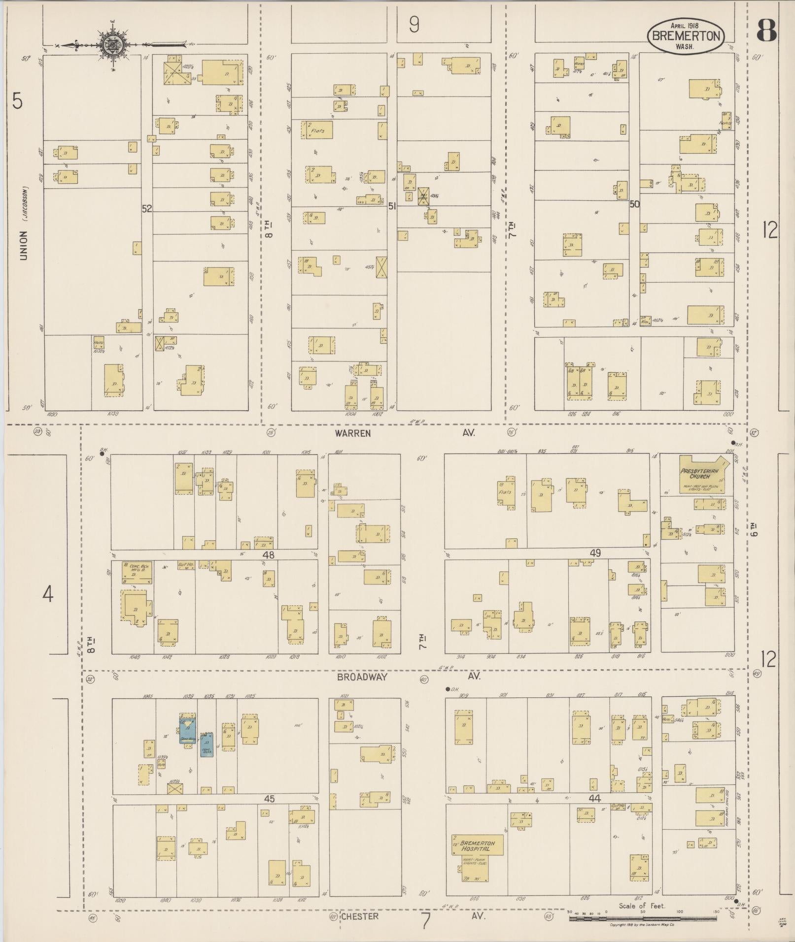 Sanborn Fire Insurance Map from Bremerton, Kitsap County, Washington (1918), Sheet #0008 - Complete Map Set gallery image, historic Sanborn map, vintage wall art, Washington Washington
