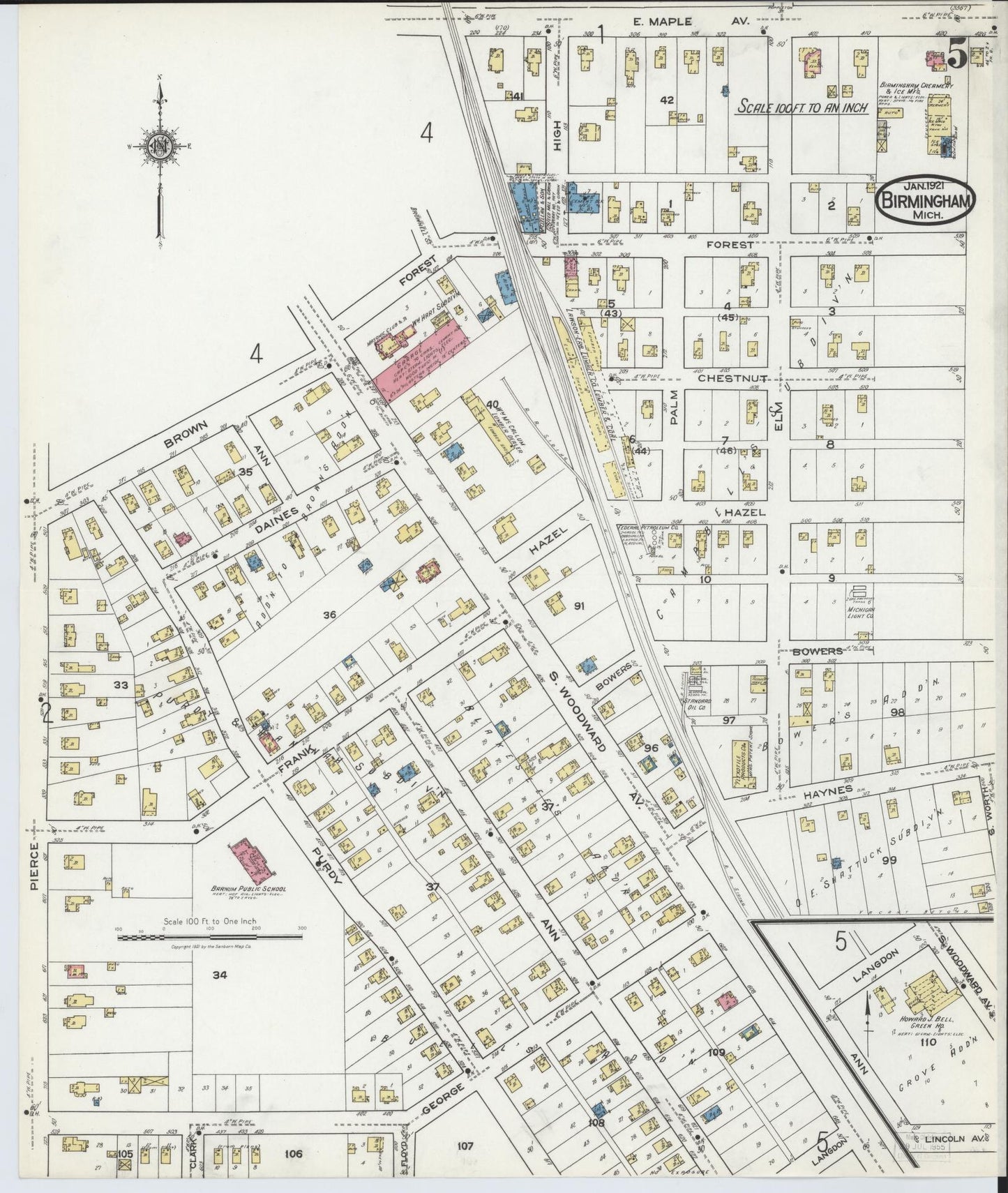 Sanborn Fire Insurance Map from Birmingham, Oakland County, Michigan (1921), Sheet #0005 - Historic Sanborn Fire Insurance Map Print, vintage old map wall art, antique decor, genealogy gift, Michigan Michigan map
