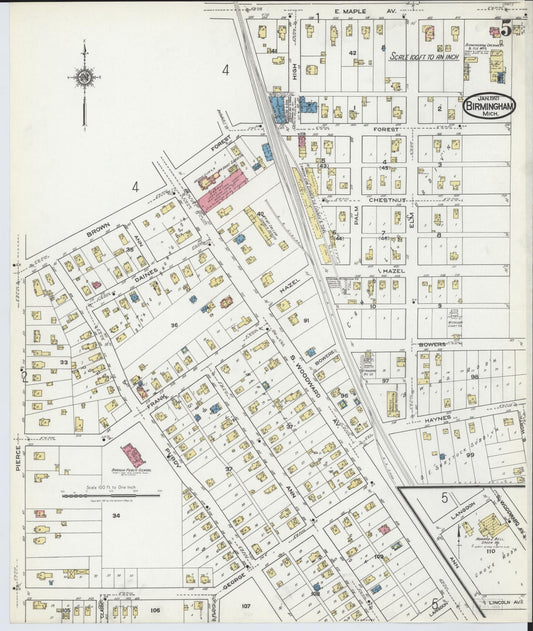 Sanborn Fire Insurance Map from Birmingham, Oakland County, Michigan (1921), Sheet #0005 - Historic Sanborn Fire Insurance Map Print, vintage old map wall art, antique decor, genealogy gift, Michigan Michigan map
