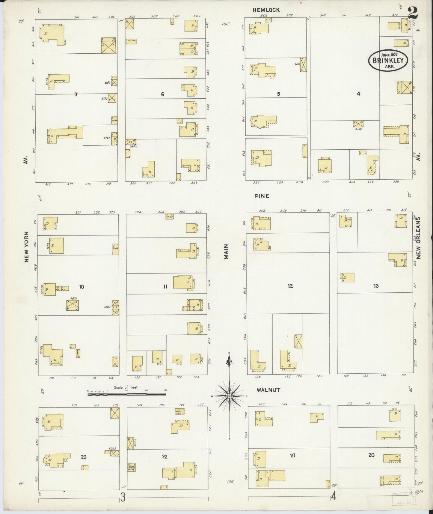 Sanborn Fire Insurance Map from Brinkley, Monroe County, Arkansas (1907), Sheet #0002 - Historic Sanborn Fire Insurance Map Print, vintage old map wall art, antique decor, genealogy gift, Arkansas Arkansas map