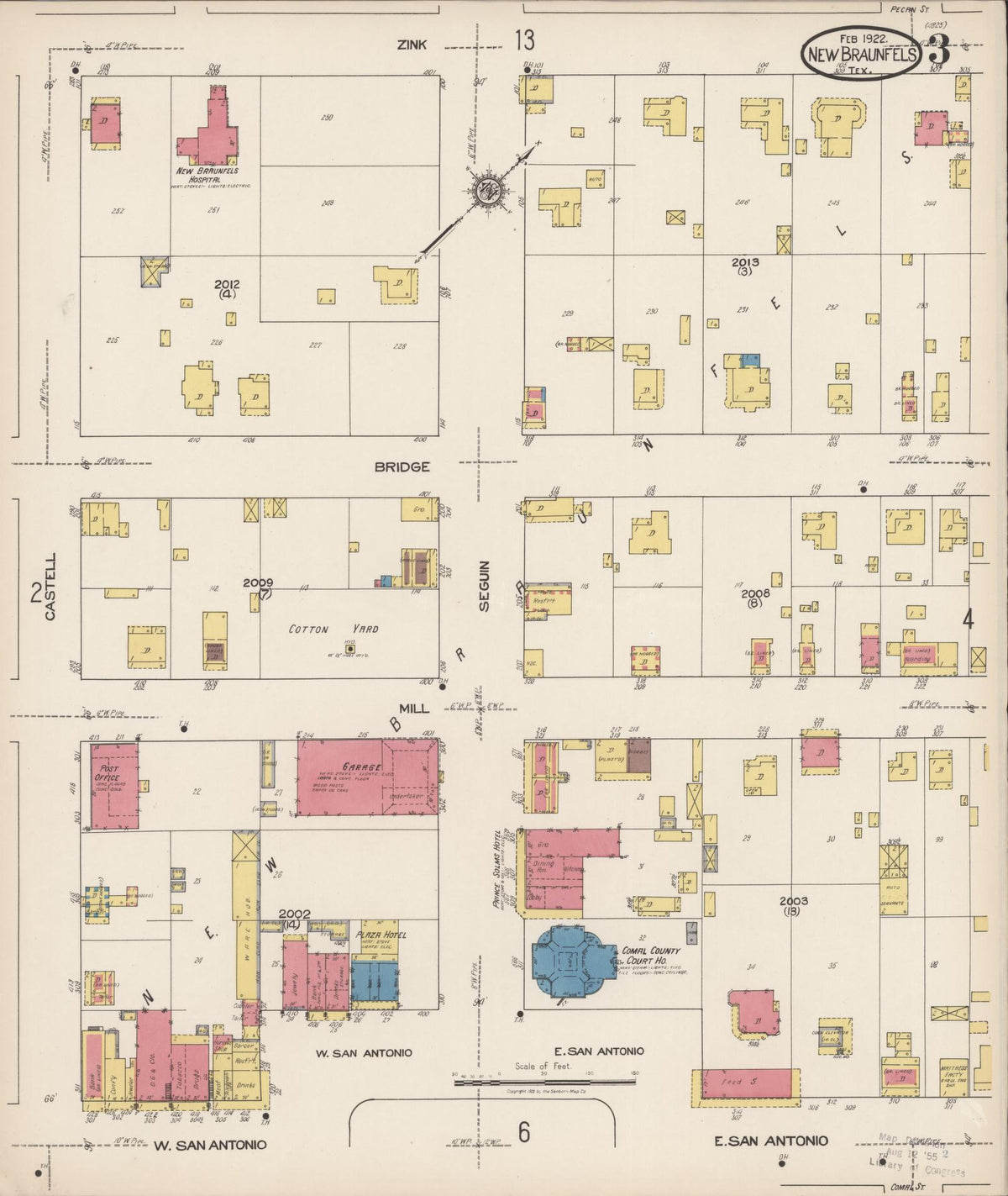 Sanborn Fire Insurance Map from New Braunfels, Comal County, Texas (1922), Sheet #0003 - Historic Sanborn Fire Insurance Map Print, vintage old map wall art, antique decor, genealogy gift, Texas Texas map