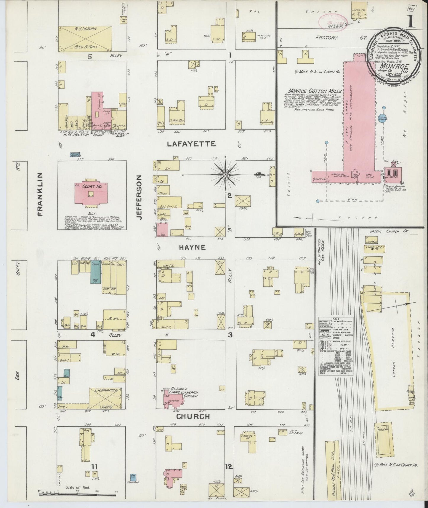 Sanborn Fire Insurance Map from Monroe, Union County, North Carolina (1892), Sheet #0001 - Historic Sanborn Fire Insurance Map Print, vintage old map wall art, antique decor, genealogy gift, North Carolina North Carolina map