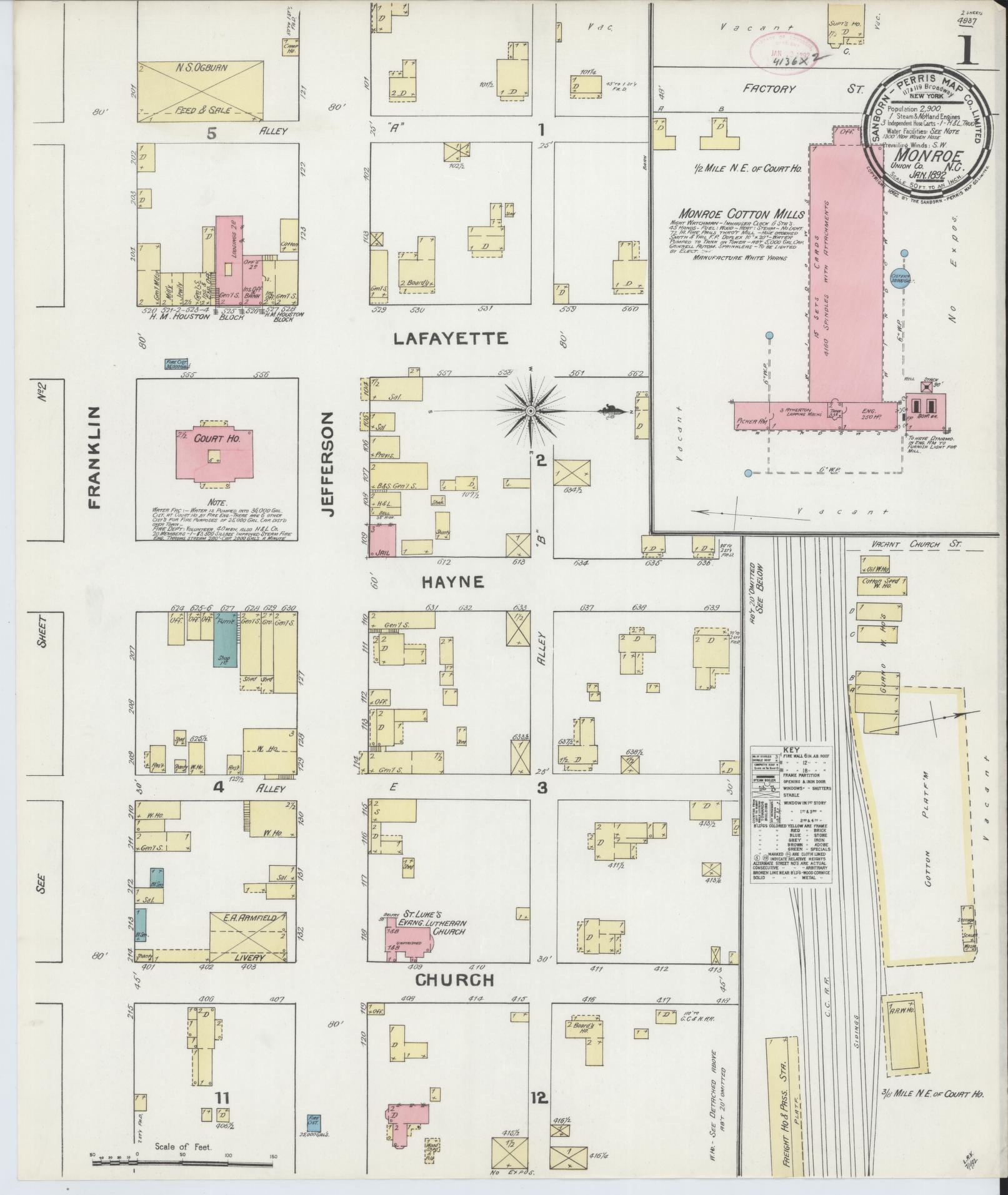 Sanborn Fire Insurance Map from Monroe, Union County, North Carolina (1892), Sheet #0001 - Historic Sanborn Fire Insurance Map Print, vintage old map wall art, antique decor, genealogy gift, North Carolina North Carolina map