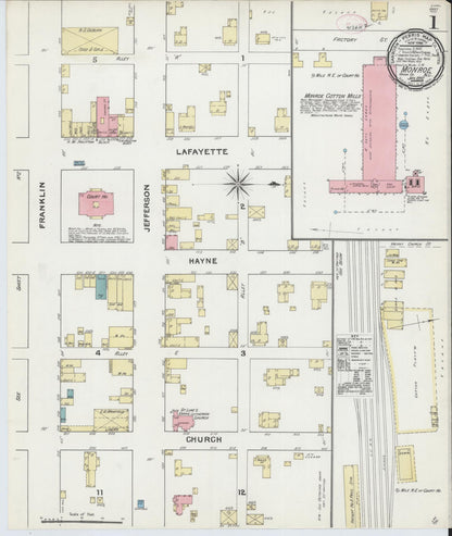 Sanborn Fire Insurance Map from Monroe, Union County, North Carolina (1892), Sheet #0001 - Historic Sanborn Fire Insurance Map Print, vintage old map wall art, antique decor, genealogy gift, North Carolina North Carolina map
