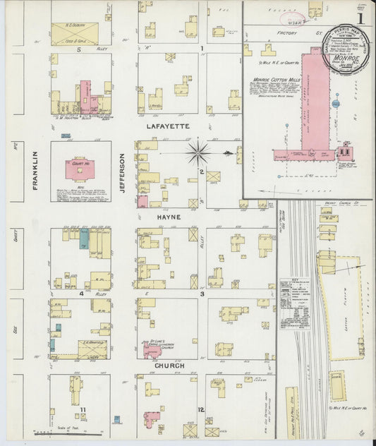 Sanborn Fire Insurance Map from Monroe, Union County, North Carolina (1892), Sheet #0001 - Historic Sanborn Fire Insurance Map Print, vintage old map wall art, antique decor, genealogy gift, North Carolina North Carolina map