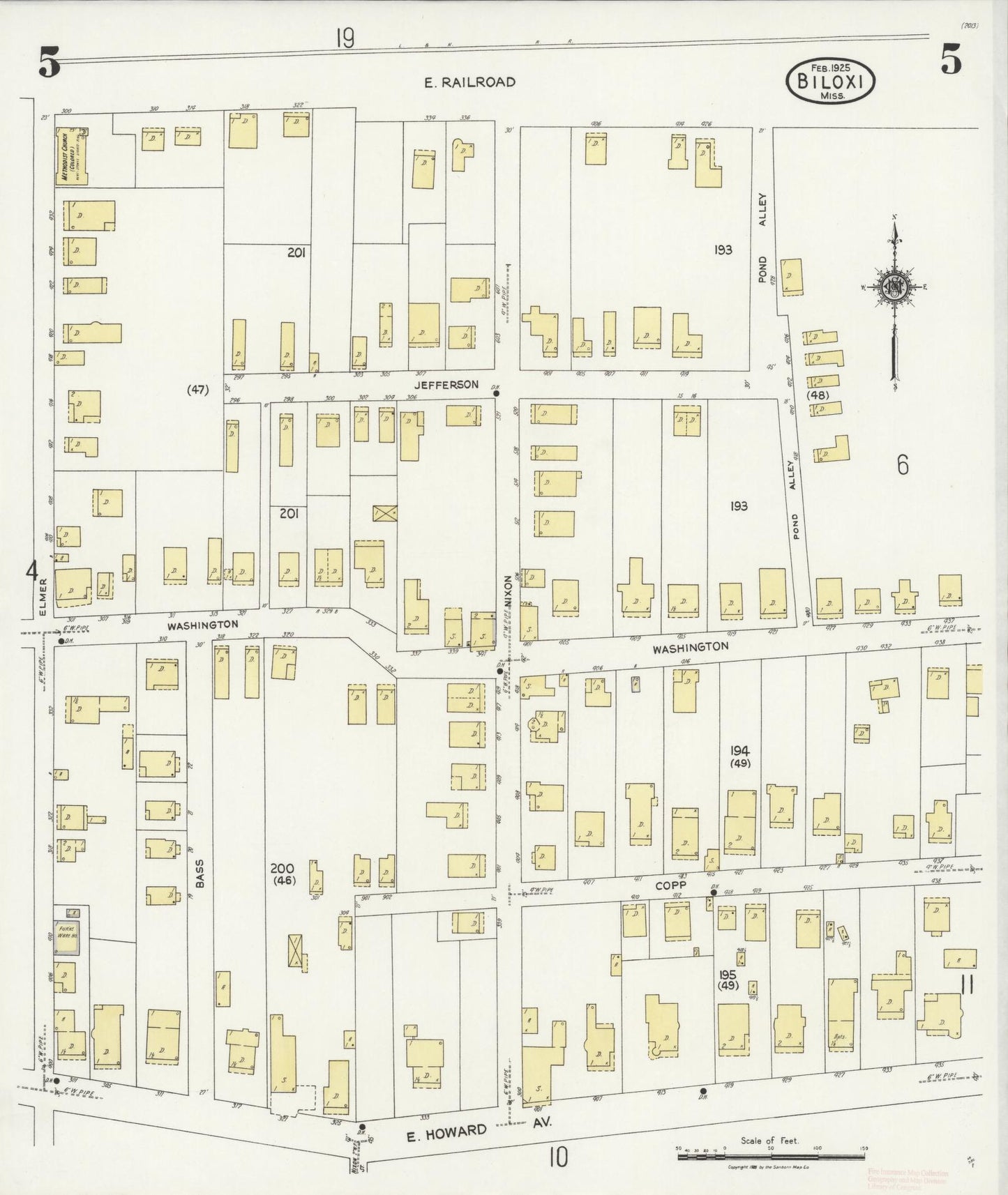 Sanborn Fire Insurance Map from Biloxi, Harrison County, Mississippi (1925), Sheet #0005 - Historic Sanborn Fire Insurance Map Print, vintage old map wall art, antique decor, genealogy gift, Mississippi Mississippi map