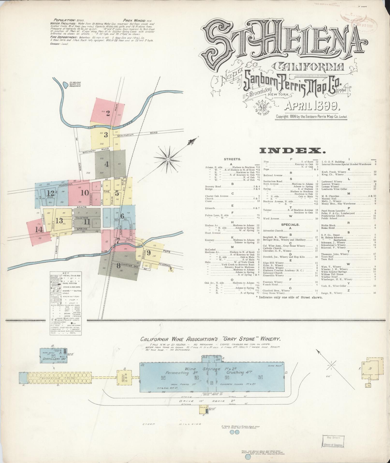 Sanborn Fire Insurance Map from Saint Helena, Napa County, California (1899), Sheet #0001 - Complete Map Set gallery image, historic Sanborn map, vintage wall art, California California