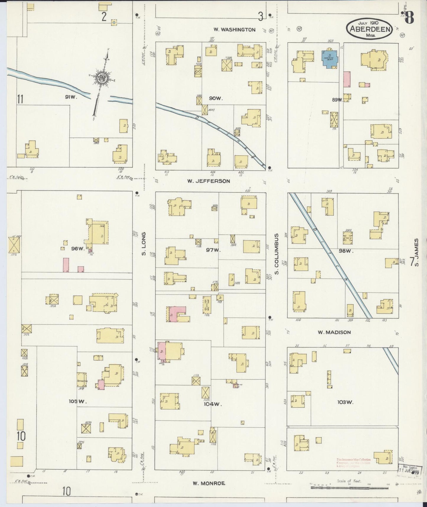 Sanborn Fire Insurance Map from Aberdeen, Monroe County, Mississippi (1910), Sheet #0008 - Complete Map Set gallery image, historic Sanborn map, vintage wall art, Mississippi Mississippi