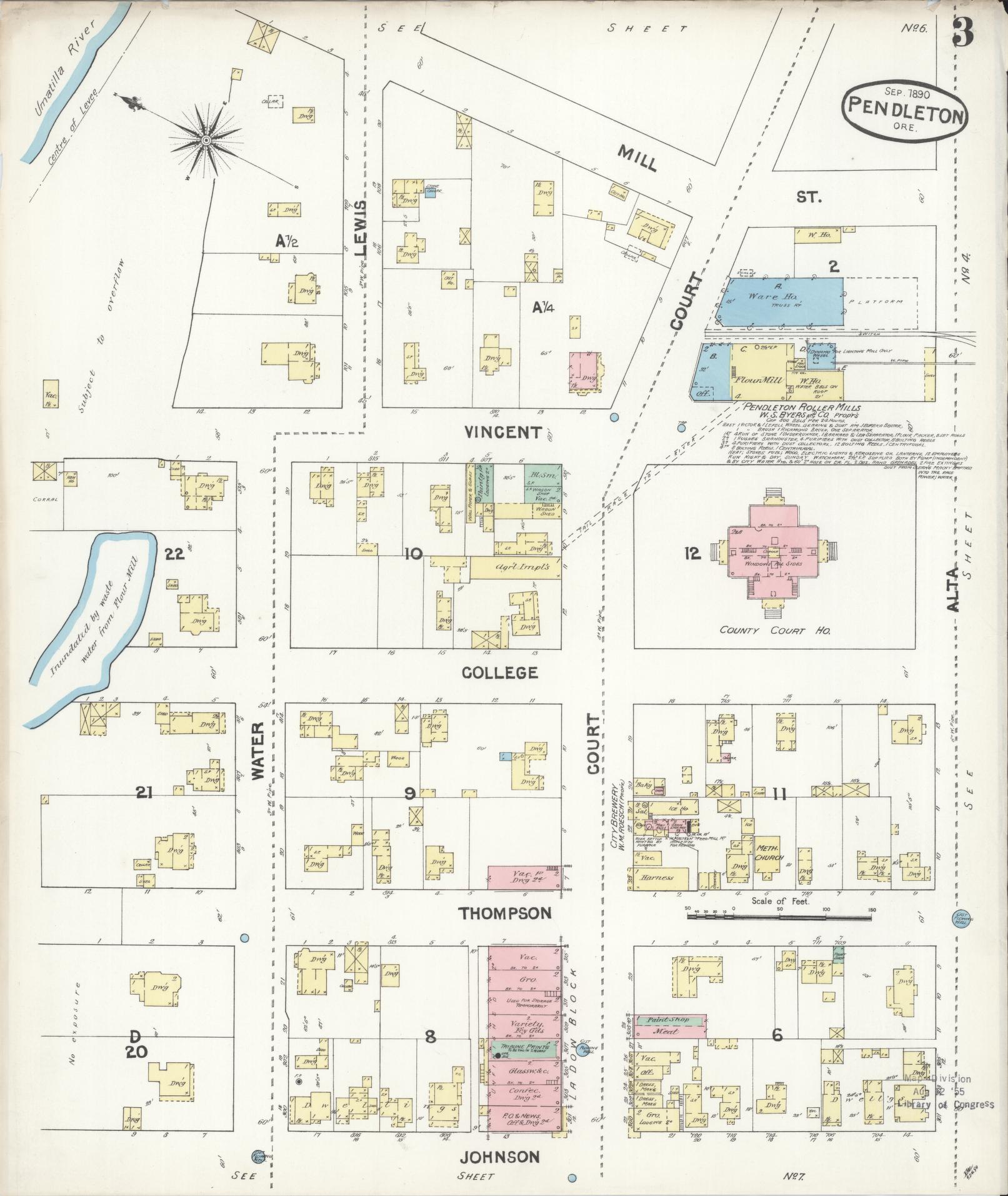 Sanborn Fire Insurance Map from Pendleton, Umatilla County, Oregon (1890), Sheet #0003 - Complete Map Set gallery image, historic Sanborn map, vintage wall art, Oregon Oregon