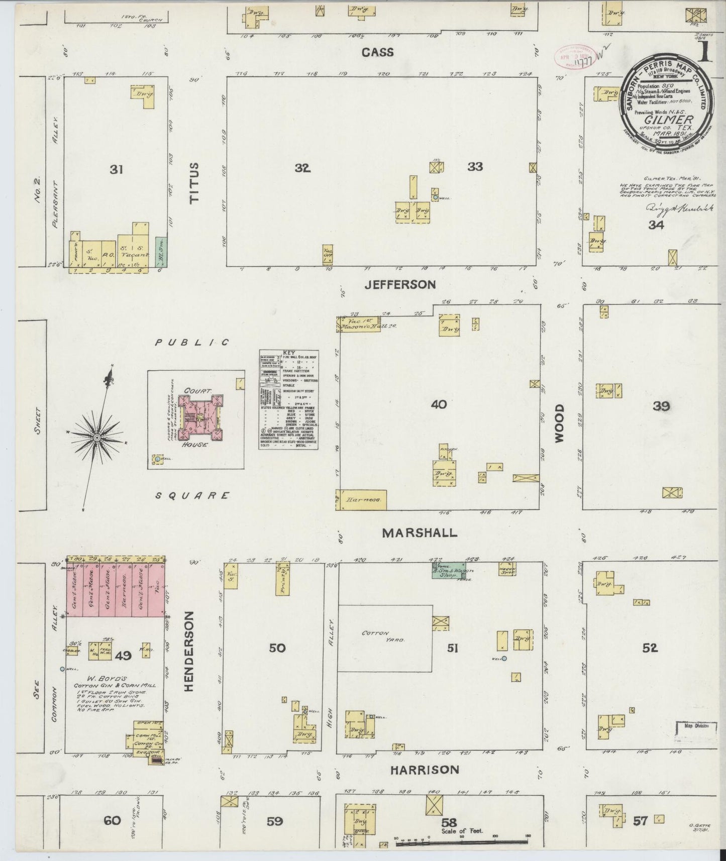 Sanborn Fire Insurance Map from Gilmer, Upshur County, Texas (1891), Sheet #0001 - Complete Map Set gallery image, historic Sanborn map, vintage wall art, Texas Texas