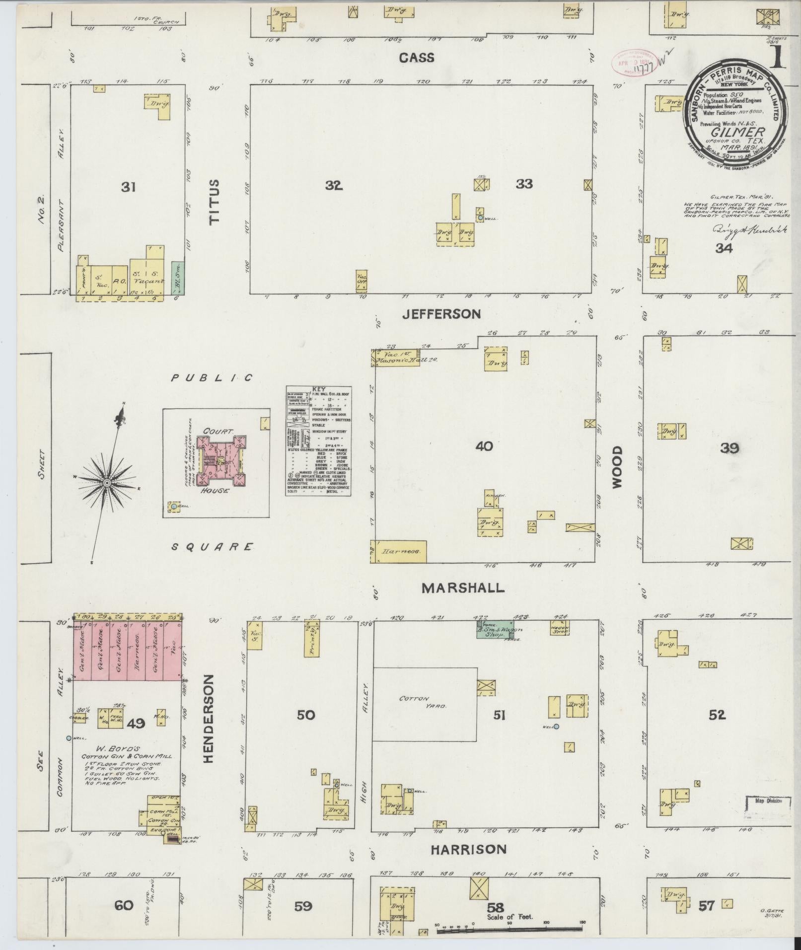 Sanborn Fire Insurance Map from Gilmer, Upshur County, Texas (1891), Sheet #0001 - Complete Map Set gallery image, historic Sanborn map, vintage wall art, Texas Texas