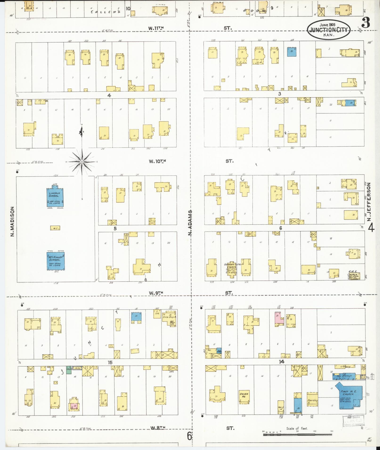 Sanborn Fire Insurance Map from Junction City, Geary County, Kansas (1905), Sheet #0003 - Historic Sanborn Fire Insurance Map Print, vintage old map wall art, antique decor, genealogy gift, Kansas Kansas map