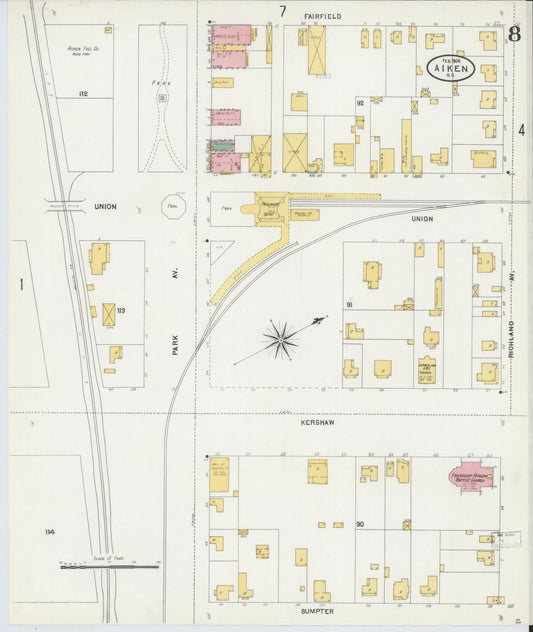 Sanborn Fire Insurance Map from Aiken, Aiken County, South Carolina (1904), Sheet #0008 - Historic Sanborn Fire Insurance Map Print, vintage old map wall art, antique decor, genealogy gift, South Carolina South Carolina map