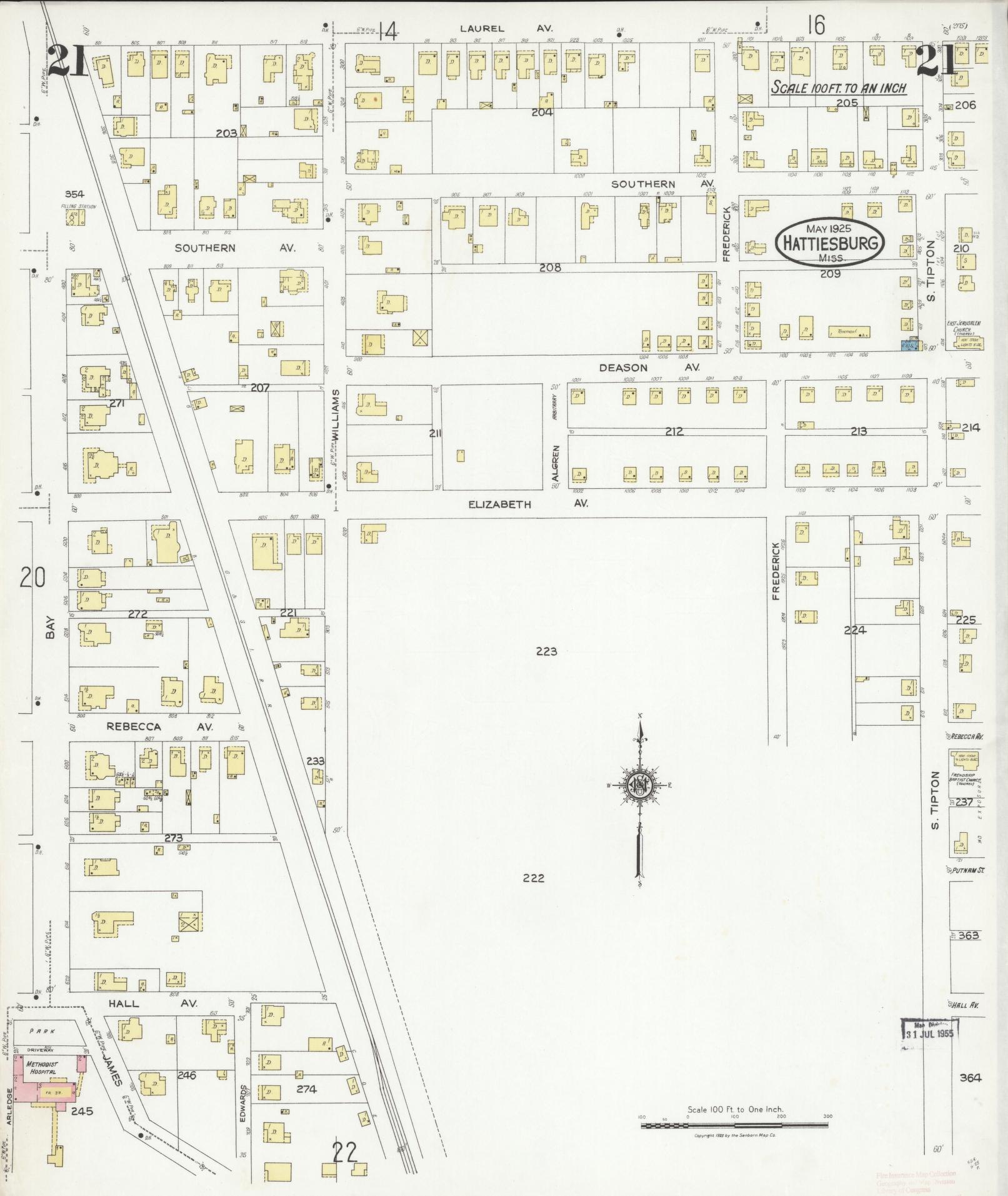 Sanborn Fire Insurance Map from Hattiesburg, Forrest County, Mississippi (1925), Sheet #0021 - Historic Sanborn Fire Insurance Map Print, vintage old map wall art, antique decor, genealogy gift, Mississippi Mississippi map