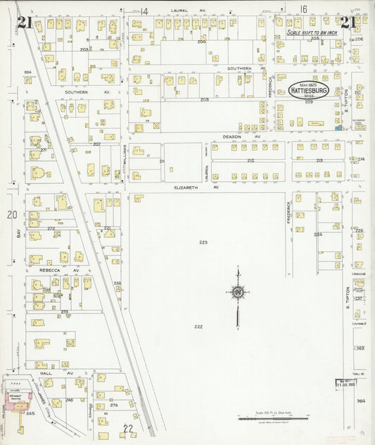 Sanborn Fire Insurance Map from Hattiesburg, Forrest County, Mississippi (1925), Sheet #0021 - Historic Sanborn Fire Insurance Map Print, vintage old map wall art, antique decor, genealogy gift, Mississippi Mississippi map