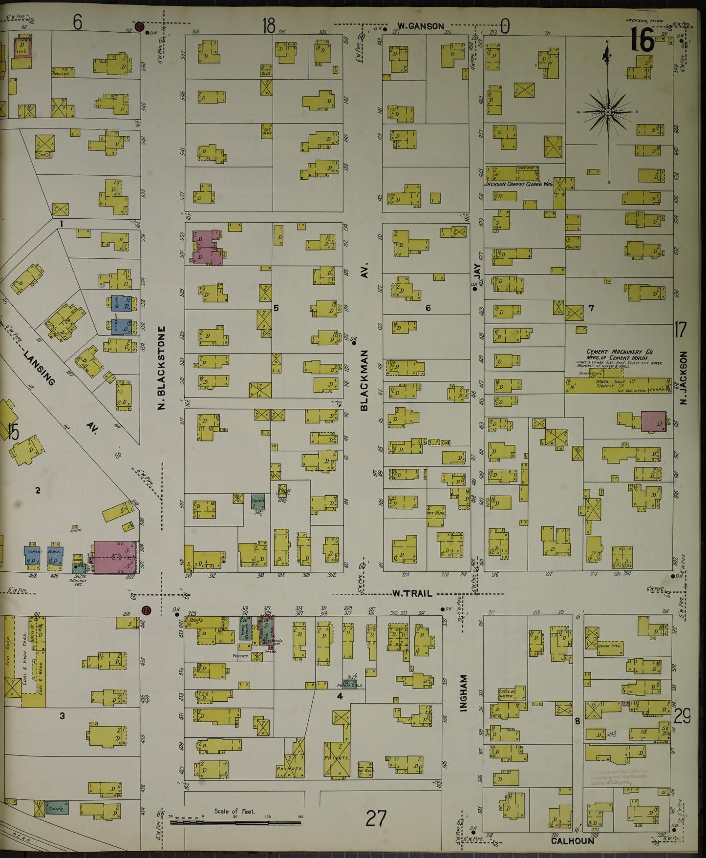 Sanborn Fire Insurance Map from Jackson, Jackson County, Michigan (1907), Sheet #0016 - Complete Map Set gallery image, historic Sanborn map, vintage wall art, Michigan Michigan