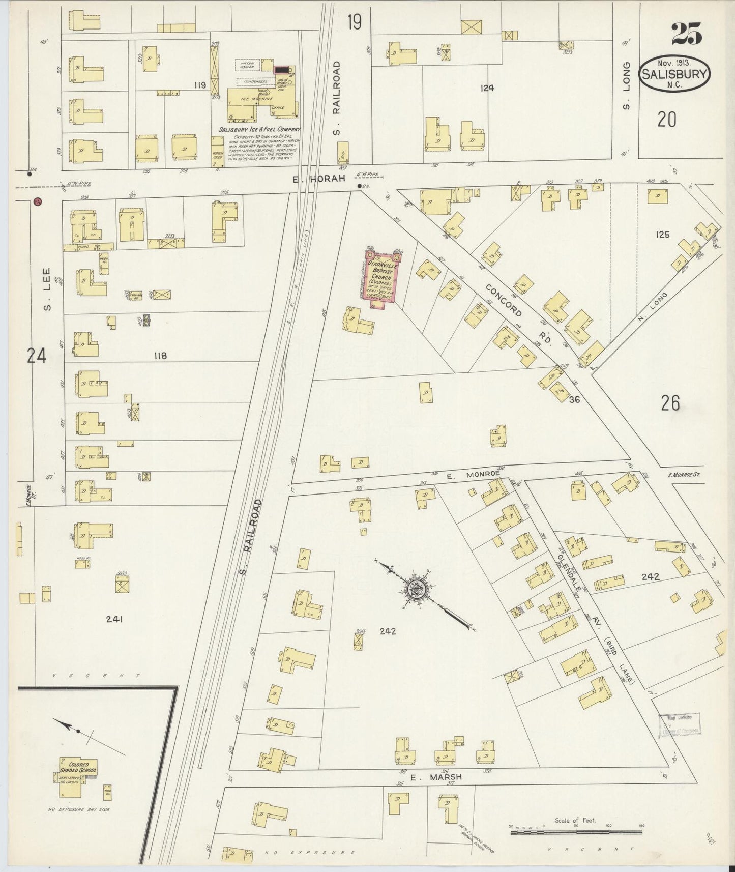 Sanborn Fire Insurance Map from Salisbury, Rowan County, North Carolina (1913), Sheet #0025 - Historic Sanborn Fire Insurance Map Print, vintage old map wall art, antique decor, genealogy gift, North Carolina North Carolina map
