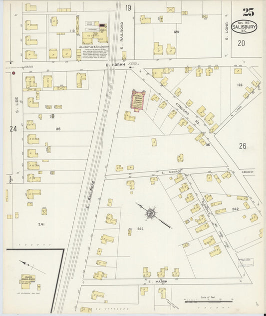 Sanborn Fire Insurance Map from Salisbury, Rowan County, North Carolina (1913), Sheet #0025 - Historic Sanborn Fire Insurance Map Print, vintage old map wall art, antique decor, genealogy gift, North Carolina North Carolina map
