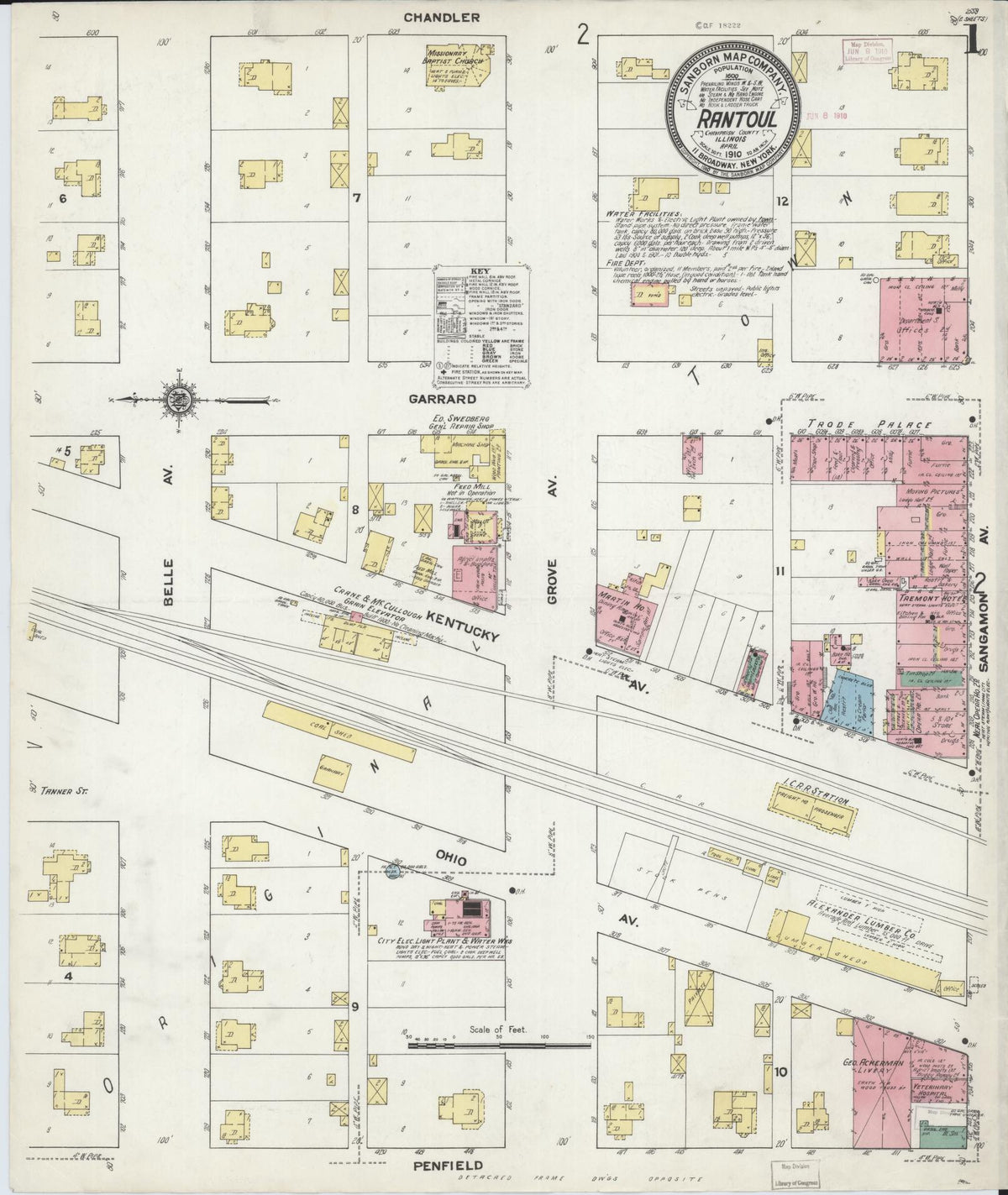 Sanborn Fire Insurance Map from Rantoul, Champaign County, Illinois (1910), Sheet #0001 - Historic Sanborn Fire Insurance Map Print, vintage old map wall art, antique decor, genealogy gift, Illinois Illinois map