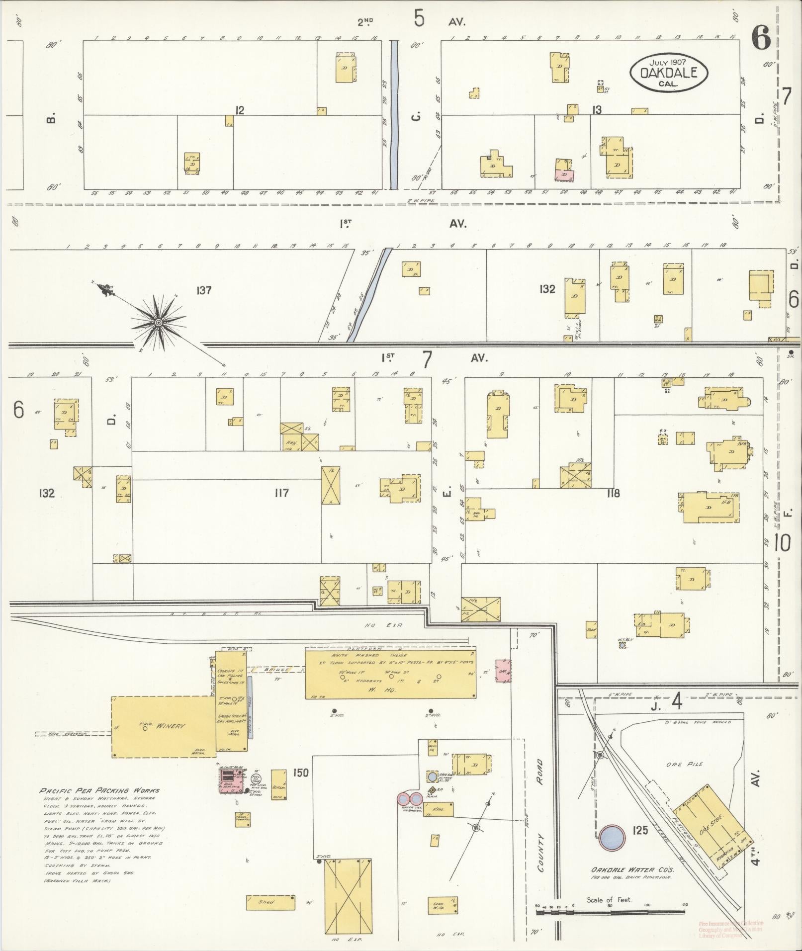 Sanborn Fire Insurance Map from Oakdale, Stanislaus County, California (1907), Sheet #0006 - Historic Sanborn Fire Insurance Map Print, vintage old map wall art, antique decor, genealogy gift, California California map