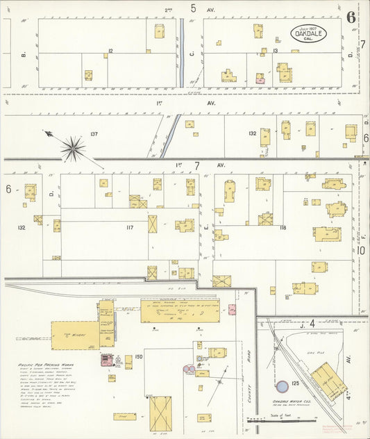 Sanborn Fire Insurance Map from Oakdale, Stanislaus County, California (1907), Sheet #0006 - Historic Sanborn Fire Insurance Map Print, vintage old map wall art, antique decor, genealogy gift, California California map