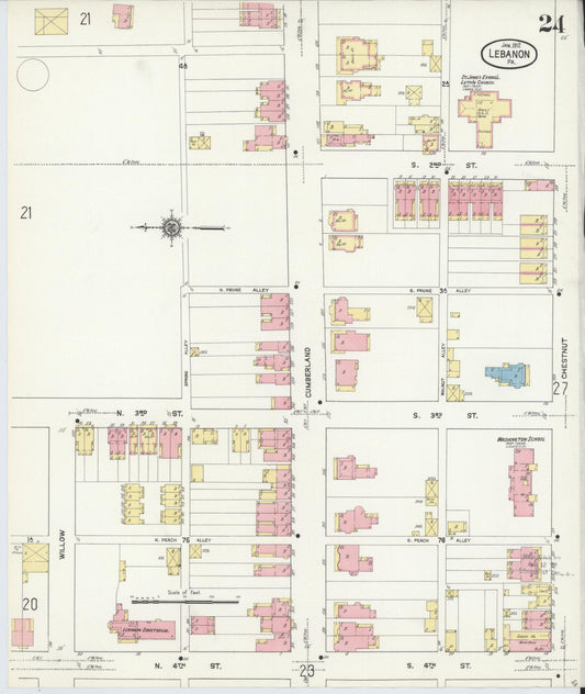 Sanborn Fire Insurance Map from Lebanon, Lebanon County, Pennsylvania (1912), Sheet #0024 - Historic Sanborn Fire Insurance Map Print, vintage old map wall art, antique decor, genealogy gift, Pennsylvania Pennsylvania map