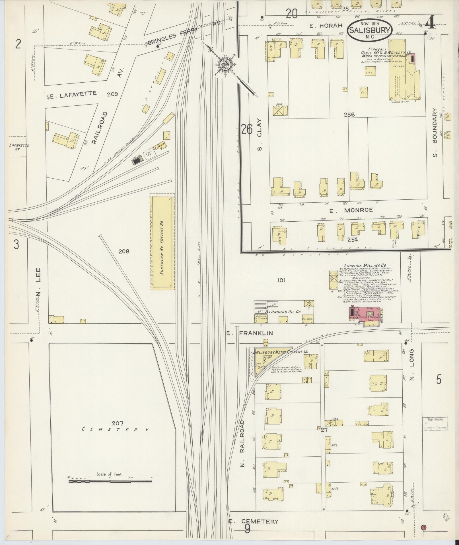 Sanborn Fire Insurance Map from Salisbury, Rowan County, North Carolina (1913), Sheet #0004 - Complete Map Set gallery image, historic Sanborn map, vintage wall art, North Carolina North Carolina