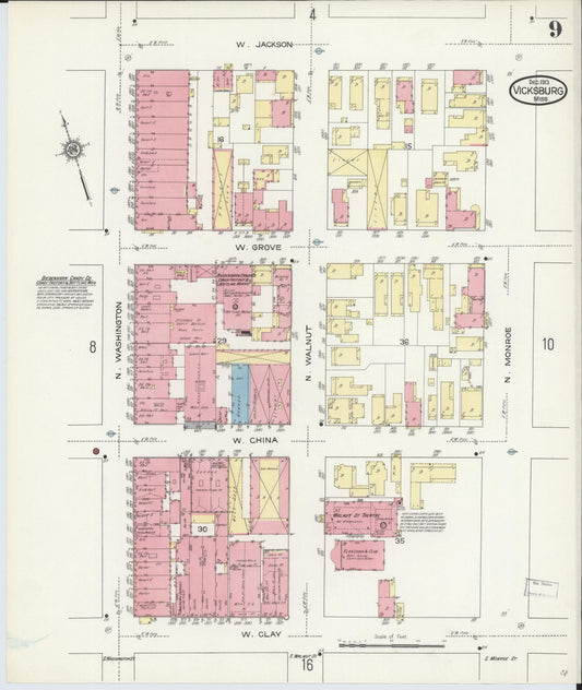 Sanborn Fire Insurance Map from Vicksburg, Warren County, Mississippi (1913), Sheet #0009 - Historic Sanborn Fire Insurance Map Print, vintage old map wall art, antique decor, genealogy gift, Mississippi Mississippi map