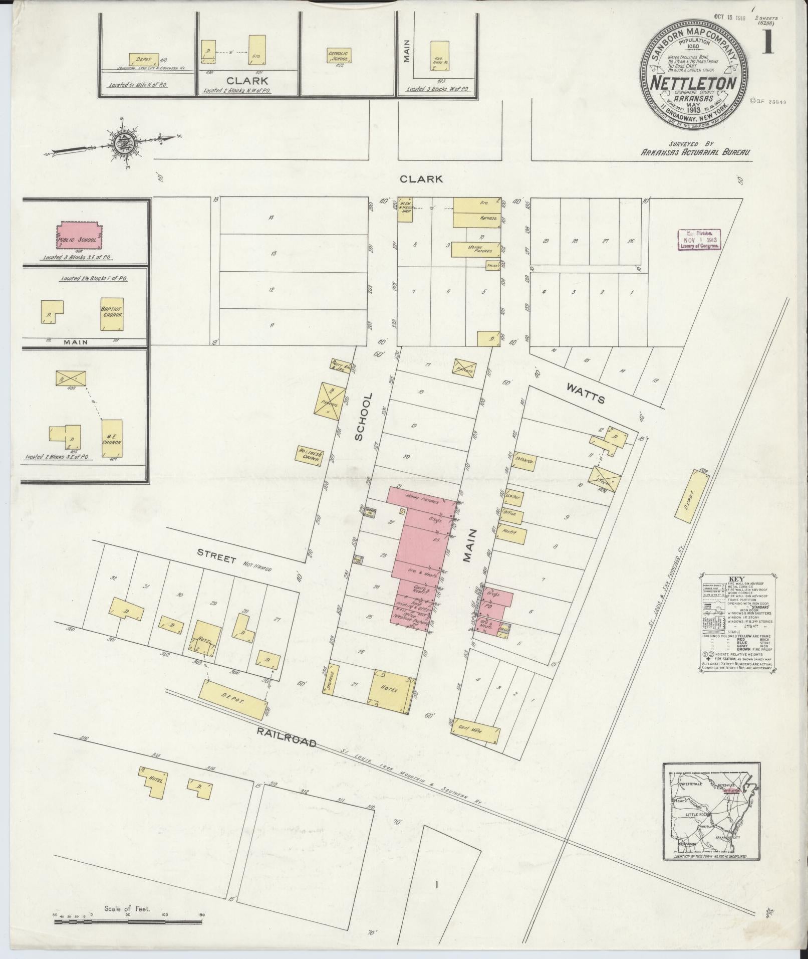 Sanborn Fire Insurance Map from Nettleton, Craighead County, Arkansas (1913), Sheet #0001 - Historic Sanborn Fire Insurance Map Print, vintage old map wall art, antique decor, genealogy gift, Arkansas Arkansas map