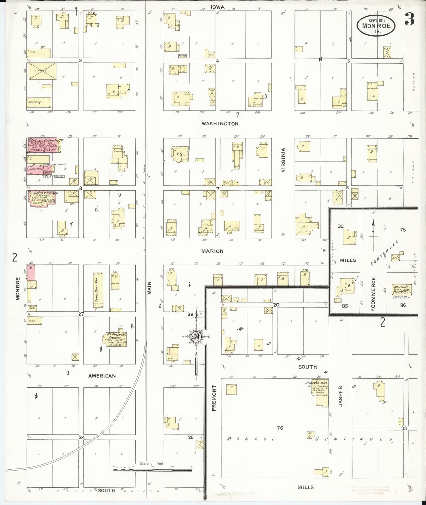 Sanborn Fire Insurance Map from Monroe, Jasper County, Iowa (1911), Sheet #0003 - Historic Sanborn Fire Insurance Map Print, vintage old map wall art