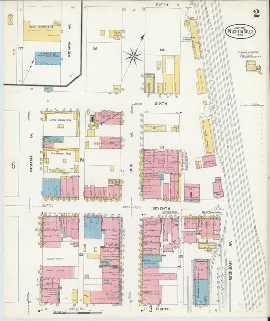 Sanborn Fire Insurance Map from Wichita Falls, Wichita County, Texas (1908), Sheet #0002 - Historic Sanborn Fire Insurance Map Print, vintage old map wall art, antique decor, genealogy gift, Texas Texas map