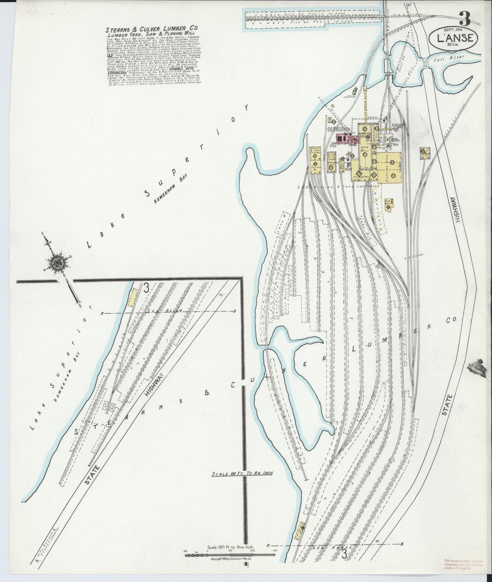 Sanborn Fire Insurance Map from L'Anse, Baraga County, Michigan (1922), Sheet #0003 - Complete Map Set gallery image, historic Sanborn map, vintage wall art, Michigan Michigan