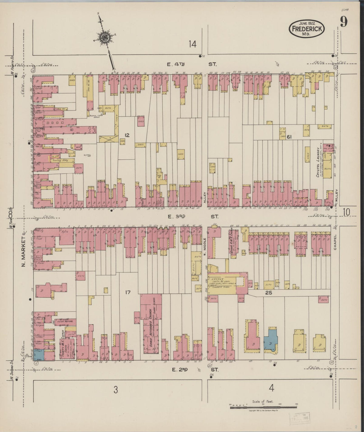 Sanborn Fire Insurance Map from Frederick, Frederick County, Maryland (1922), Sheet #0009 - Historic Sanborn Fire Insurance Map Print, vintage old map wall art, antique decor, genealogy gift, Maryland Maryland map