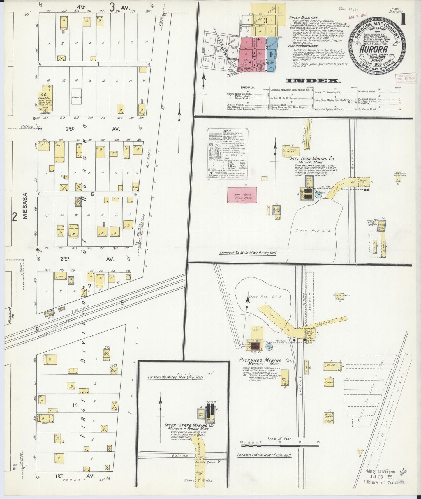 Sanborn Fire Insurance Map from Aurora, Saint Louis County, Minnesota (1909), Sheet #0001 - Historic Sanborn Fire Insurance Map Print, vintage old map wall art, antique decor, genealogy gift, Minnesota Minnesota map