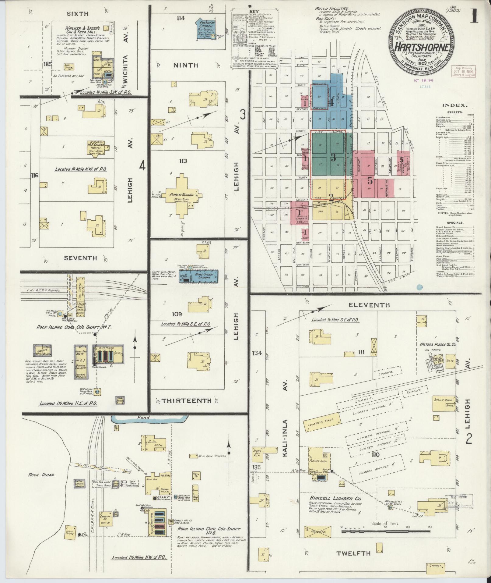 Sanborn Fire Insurance Map from Hartshorne, Pittsburg County, Oklahoma (1909), Sheet #0001 - Historic Sanborn Fire Insurance Map Print, vintage old map wall art, antique decor, genealogy gift, Oklahoma Oklahoma map