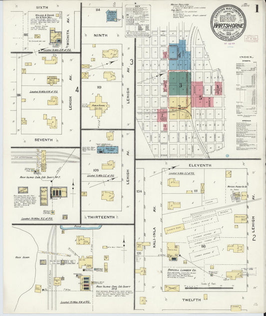 Sanborn Fire Insurance Map from Hartshorne, Pittsburg County, Oklahoma (1909), Sheet #0001 - Historic Sanborn Fire Insurance Map Print, vintage old map wall art, antique decor, genealogy gift, Oklahoma Oklahoma map