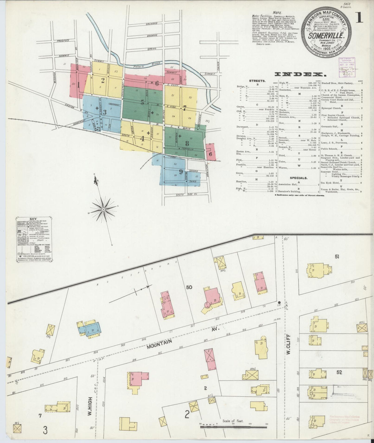 Sanborn Fire Insurance Map from Somerville, Somerset County, New Jersey (1902), Sheet #0001 - Historic Sanborn Fire Insurance Map Print, vintage old map wall art, antique decor, genealogy gift, New Jersey New Jersey map