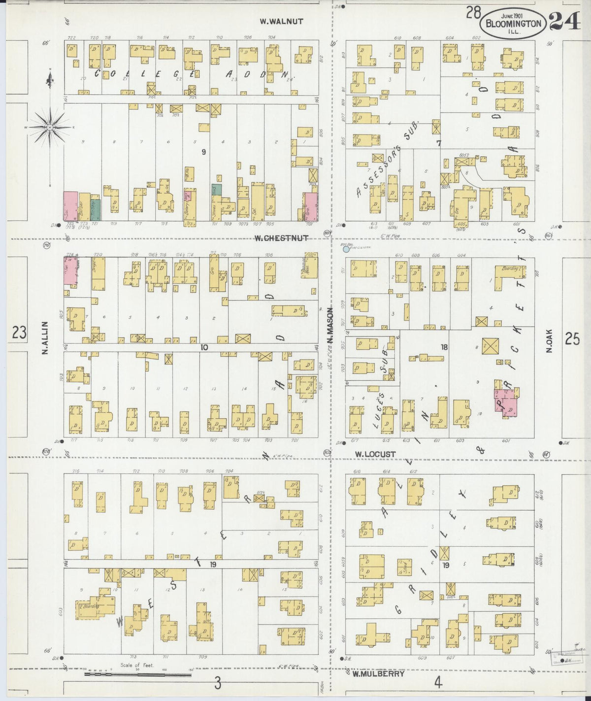 Sanborn Fire Insurance Map from Bloomington, McLean County, Illinois (1901), Sheet #0024 - Complete Map Set gallery image, historic Sanborn map, vintage wall art, Illinois Illinois