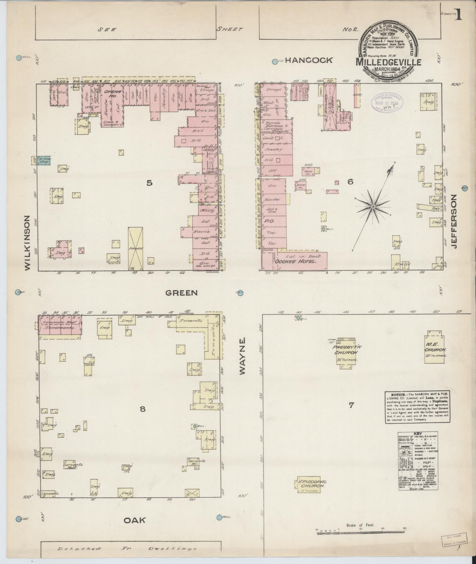 Sanborn Fire Insurance Map from Milledgeville, Baldwin County, Georgia (1884), Sheet #0001 - Historic Sanborn Fire Insurance Map Print, vintage old map wall art, antique decor, genealogy gift, Georgia Georgia map