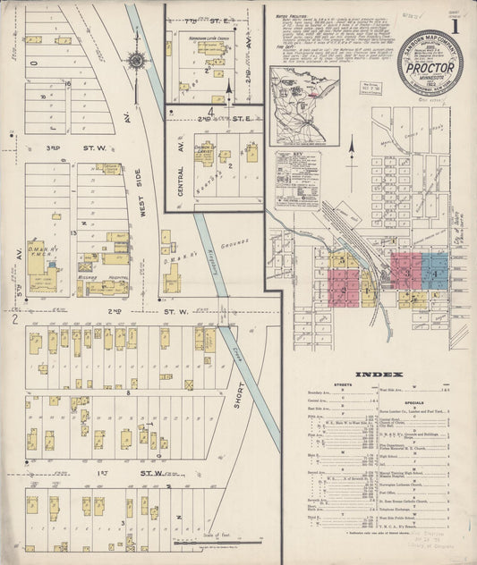 Sanborn Fire Insurance Map from Proctor, Saint Louis County, Minnesota (1922), Sheet #0001 - Historic Sanborn Fire Insurance Map Print, vintage old map wall art, antique decor, genealogy gift, Minnesota Minnesota map