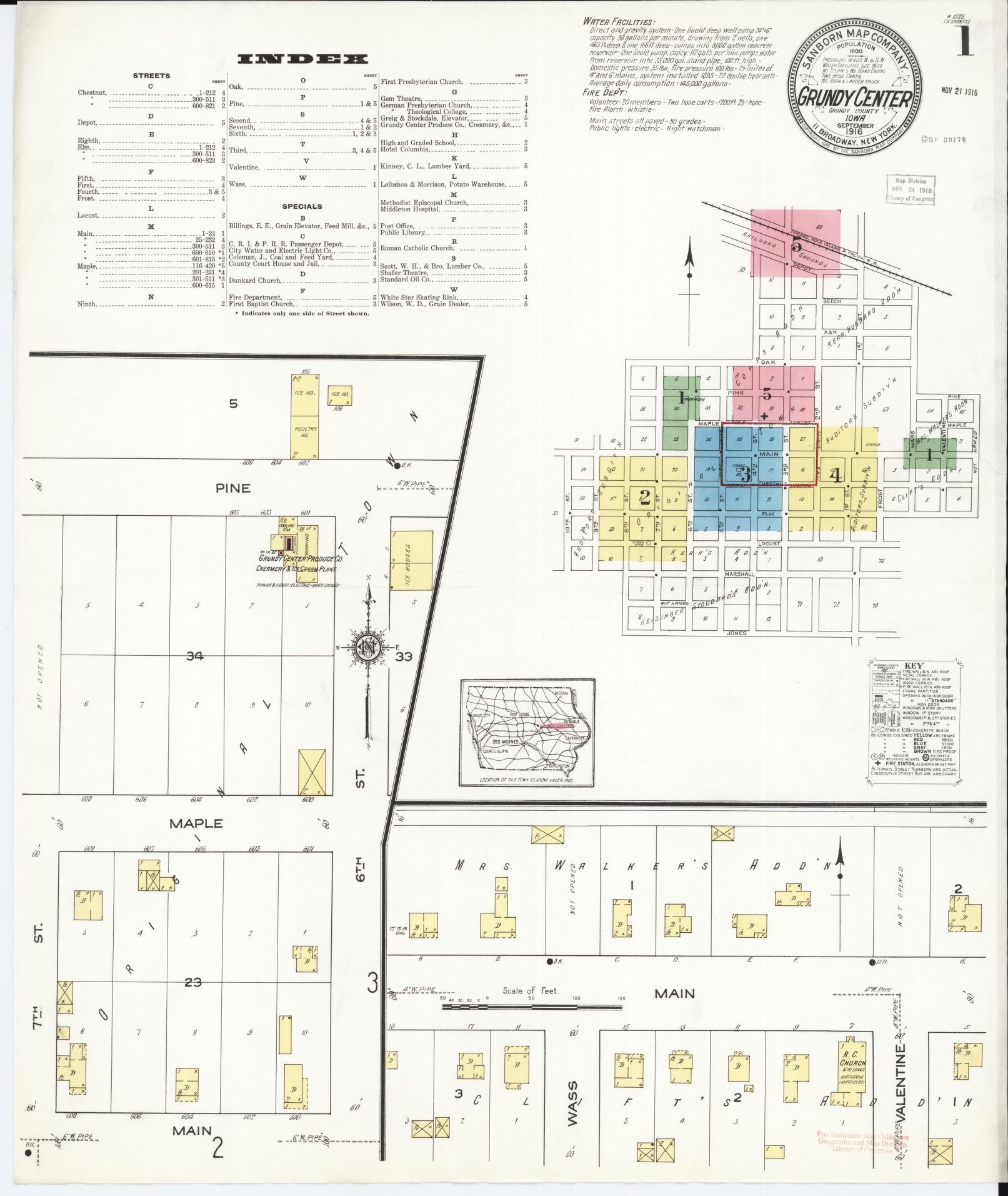 Sanborn Fire Insurance Map from Grundy Center, Grundy County, Iowa (1916), Sheet #0001 - Historic Sanborn Fire Insurance Map Print, vintage old map wall art