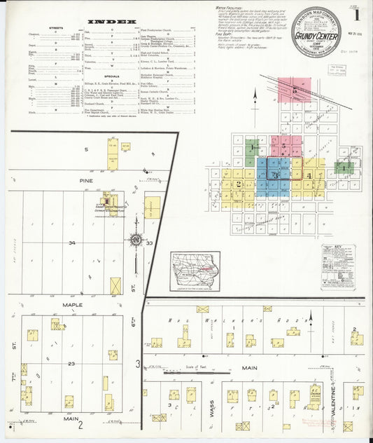 Sanborn Fire Insurance Map from Grundy Center, Grundy County, Iowa (1916), Sheet #0001 - Historic Sanborn Fire Insurance Map Print, vintage old map wall art