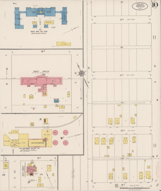 Sanborn Fire Insurance Map from Merced, Merced County, California (1922), Sheet #0010 - Historic Sanborn Fire Insurance Map Print, vintage old map wall art, antique decor, genealogy gift, California California map