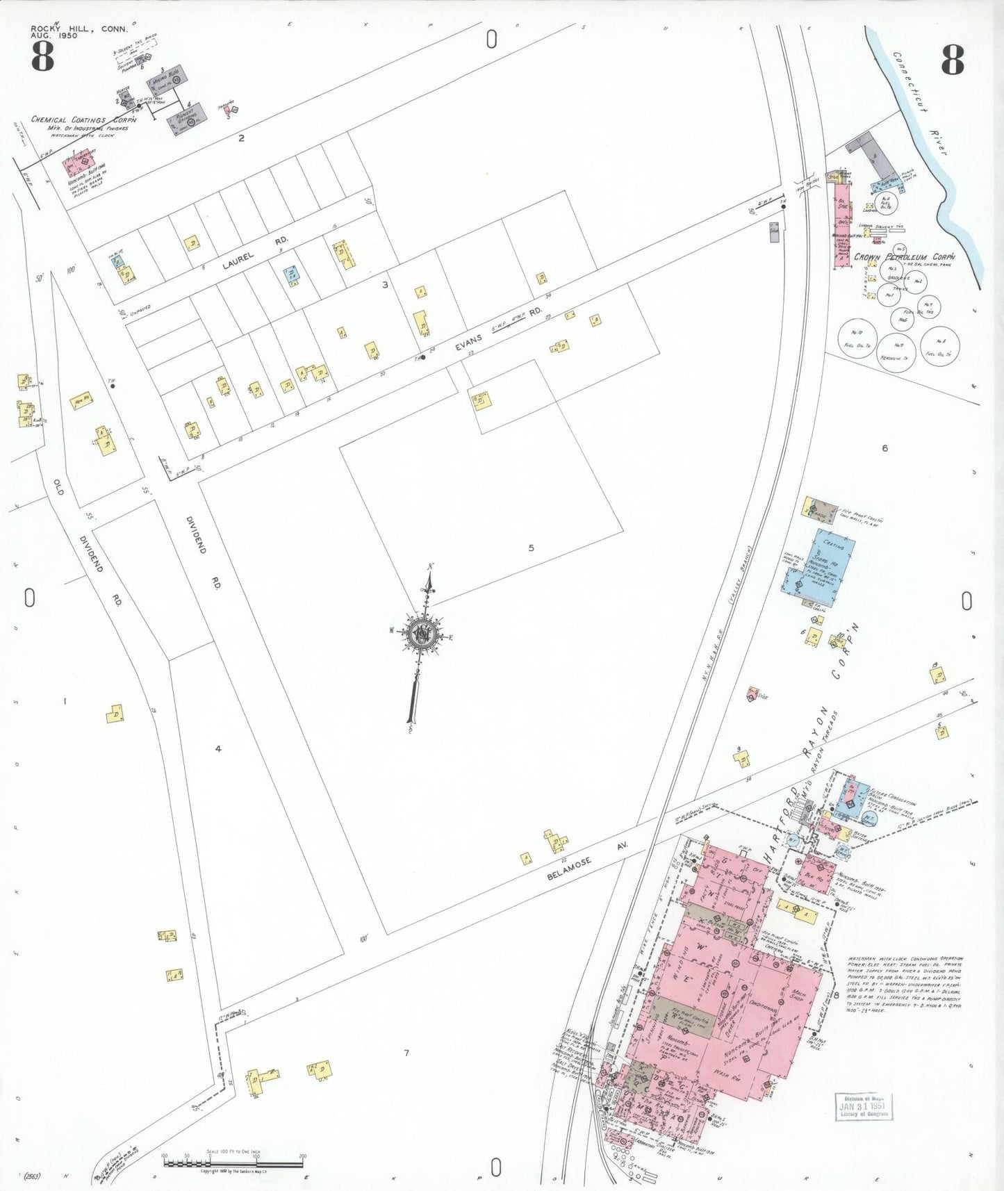 Sanborn Fire Insurance Map from Rocky Hill, Hartford County, Connecticut (1950), Sheet #0008 - Historic Sanborn Fire Insurance Map Print, vintage old map wall art, antique decor, genealogy gift, Connecticut Connecticut map